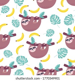 Seamless tropical pattern with funny sloths hanging on the tree. Cool cartoon summer print with tropical flowers and leaves. Vector