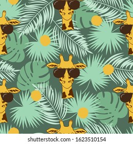 Seamless tropical pattern with giraffe and palm leaves. Summer print.