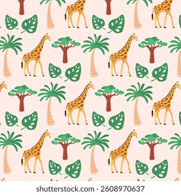 Seamless tropical pattern with giraffe and palm tree. Summer background. Vector.