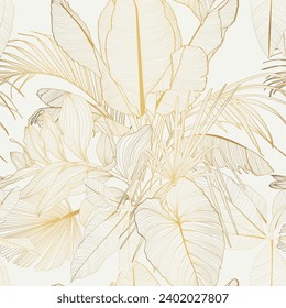 Seamless tropical pattern with golden line leaves, flowers and plants. Seamless exotic pattern with tropical plants. Exotic wallpaper. Trendy summer Hawaii print.