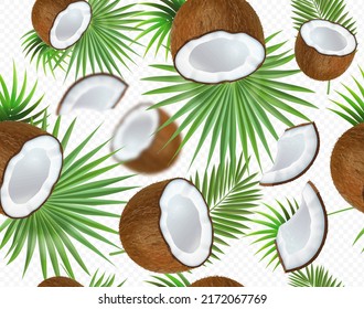 Сoconut seamless tropical pattern. Greeen palm leaf and half of cocnut vector illustration