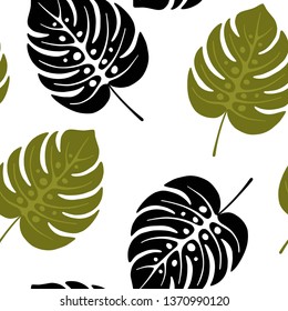 Seamless tropical pattern with green and black palm leaves on white background