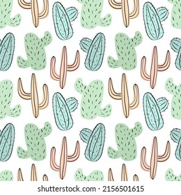 Seamless tropical pattern with green, blue and yellow cacti. Vector summer exotic illustration of a flamingo and a cactus for kids, textiles, nursery, birthday, shower, paper, clothes, fabric