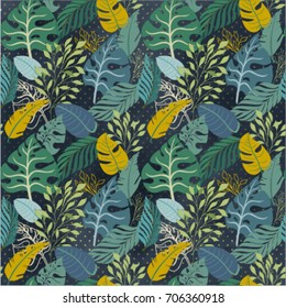 Seamless tropical pattern with green and blue leaves on dark blue dot grunge background. Vector illustration