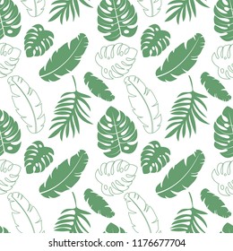 Seamless tropical pattern with green leaves of monsteras and fern. Banana leaves. Vector isolated background. Suitable for printing on fabric, wrapping paper, clothing, wallpaper.