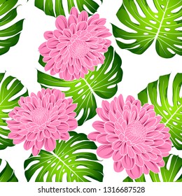 Seamless tropical pattern with green leaves  monstera and flower chrysanthemum.