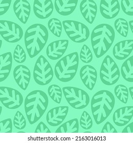 Seamless tropical pattern of green leaves. Hand-drawn leaf illustration for kids, summer, spring, nursery, baby, children, background, textile, texture, print, cover, wrapping paper.