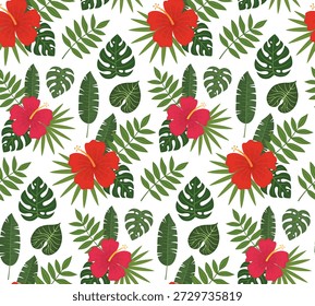 Seamless tropical pattern with green leaves and hibiscus flowers. Bright exotic botanical background