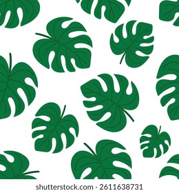 Seamless tropical pattern with green monstera leaves on white background. Repeating botanical texture. Minimal flat design for summer decor, wrapping, fabric or wallpaper.