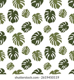 Seamless tropical pattern with green monstera leaves on white background. Repeating botanical texture. Minimal flat design for summer decor, wrapping, fabric or wallpaper.