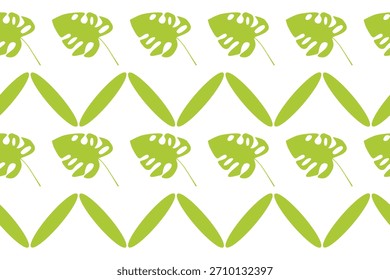 Seamless tropical pattern with green monstera leaves and geometric shapes, perfect for fabric, wallpaper, packaging, and summer-themed design projects.