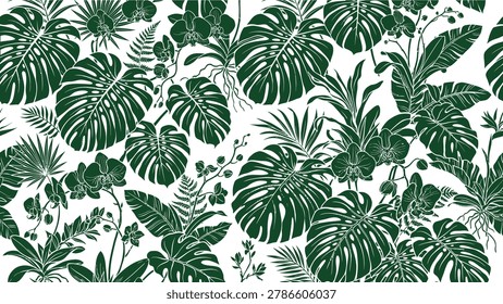 Seamless tropical pattern with green monstera leaves and orchids