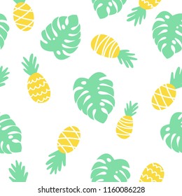 Seamless tropical pattern with green monsteras leaves and yellow pineapple. Vector illustration. Suitable for printing on fabric, wrapping paper, clothing, cases.