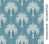 Seamless tropical pattern with green palm trees and retro arches. Summer vacation, beach, or island theme design. Vintage botanical vector background.
