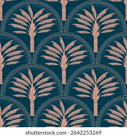 Seamless tropical pattern with green palm trees and retro arches. Summer vacation, beach, or island theme design. Vintage botanical vector background.	