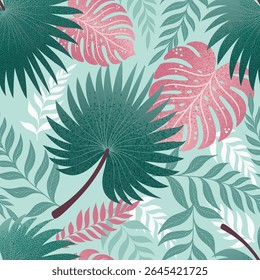 Seamless tropical pattern with green palm and pink monstera leaves on teal background. Perfect for fabric, wrapping paper, wallpaper, and summer-themed design projects.