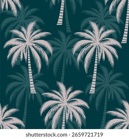 Patrón tropical sin fisuras con palmeras verdes y arcos retro. Vacaciones de verano, playa o diseño de tema de isla. Fondo del Vector botánico de Antiguas.	