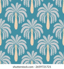 Patrón tropical sin fisuras con palmeras verdes y arcos retro. Vacaciones de verano, playa o diseño de tema de isla. Fondo del Vector botánico de Antiguas.	