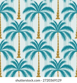 Patrón tropical sin fisuras con palmeras verdes y arcos retro. Vacaciones de verano, playa o diseño de tema de isla. Fondo del Vector botánico de Antiguas.	