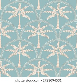 Patrón tropical sin fisuras con palmeras verdes y arcos retro. Vacaciones de verano, playa o diseño de tema de isla. Fondo del Vector botánico de Antiguas.	