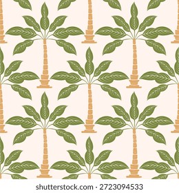Patrón tropical sin fisuras con palmeras verdes y arcos retro. Vacaciones de verano, playa o diseño de tema de isla. Fondo del Vector botánico de Antiguas.	