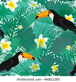 Seamless tropical pattern with green palm leaves, tukan and tropical flower. Jungle texture. Perfect for wallpapers, pattern fills, web page backgrounds, surface textures, textile. Vector Illustration