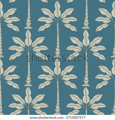 Seamless tropical pattern with green palm trees and retro arches. Summer vacation, beach, or island theme design. Vintage botanical vector background.