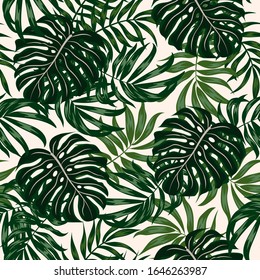 Seamless tropical pattern with green plants and leaves on a white background. Illustration in Hawaiian style. Summer background with exotic leaves. Creative abstract background.