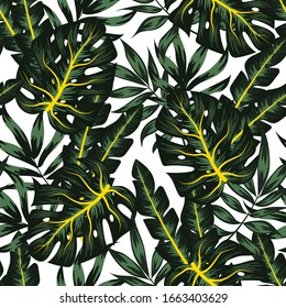 Seamless tropical pattern with green plants and leaves on a white background. Illustration in Hawaiian style. Summer background with exotic leaves. Creative abstract background.