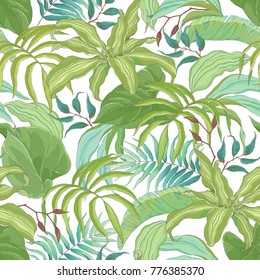 Seamless tropical pattern with greenery foliage. Vector hand-drawn illustration in vintage style.