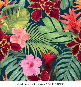 Seamless tropical pattern with guzmania, hibiscus flowers and palm leaves background. Vector set of exotic tropical garden for holiday invitation, greeting card and textile fashion design.