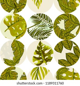 Seamless tropical pattern with hand drawn detailed palm leaves and decorative elements