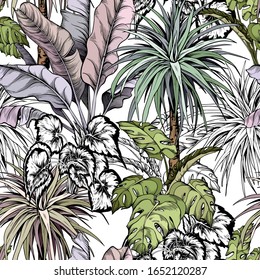 Seamless tropical pattern with hand drawn monstera leaves and palm trees. Vector illustration isolated on white background.