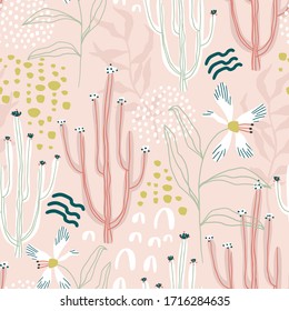 Seamless tropical pattern with hand drawn cactuses, plants, leaves and exotic flowers. Jungle summer background. Perfect for fabric design, wallpaper, apparel. Vector illustration