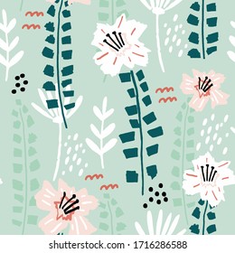 Seamless tropical pattern with hand drawn plants, leaves and exotic flowers. Jungle summer background. Perfect for fabric design, wallpaper, apparel. Vector illustration
