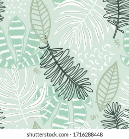 Seamless tropical pattern with hand drawn plants, leaves. Jungle summer background. Perfect for fabric design, wallpaper, apparel. Vector illustration