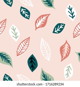 Seamless tropical pattern with hand drawn colorful leaves. Summer background. Perfect for fabric design, wallpaper, apparel. Vector illustration