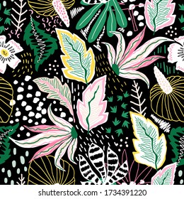 Seamless tropical pattern with hand drawn plants, leaves and exotic flowers. Jungle summer background. Perfect for fabric design, wallpaper, apparel. Vector illustration