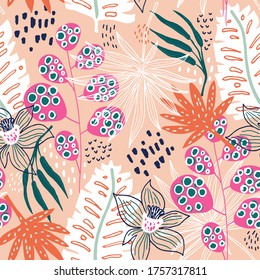 Seamless tropical pattern with hand drawn plants, leaves, flowers. Jungle summer background. Perfect for fabric design, wallpaper, apparel. Vector illustration
