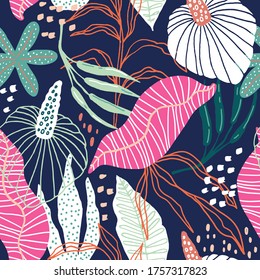 Seamless tropical pattern with hand drawn plants, leaves, flowers. Jungle summer background. Perfect for fabric design, wallpaper, apparel. Vector illustration