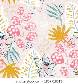 Seamless tropical pattern with hand drawn plants, leaves, flowers. Jungle summer background. Perfect for fabric design, wallpaper, apparel. Vector illustration