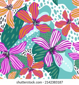 Seamless Tropical Pattern With Hand Drawn Leaves, Flowers. Jungle Summer Background. Perfect For Fabric Design, Wallpaper, Apparel. Vector Illustration