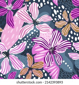 Seamless tropical pattern with hand drawn leaves, flowers. Jungle summer background. Perfect for fabric design, wallpaper, apparel. Vector illustration