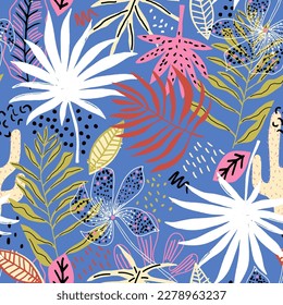 Seamless tropical pattern with hand drawn plants, leaves, flowers. Jungle summer hight detailed background. Perfect for fabric design, wallpaper, apparel. Vector illustration