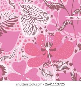 Seamless tropical pattern with hand drawn plants, leaves, textures. Jungle summer background. Perfect for fabric design, wallpaper, apparel. Jungle illustration. vector illustration