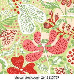Seamless tropical pattern with hand drawn plants, leaves, textures. Jungle summer background. Perfect for fabric design, wallpaper, apparel. Jungle illustration. vector illustration