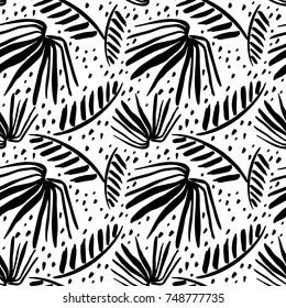 Seamless tropical pattern with hand drawn palm leaves 