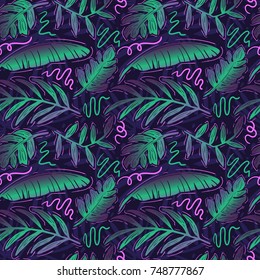 Seamless tropical pattern with hand drawn palm leaves and jungle plants