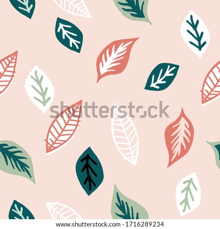 Seamless tropical pattern with hand drawn colorful leaves. Summer background. Perfect for fabric design, wallpaper, apparel. Vector illustration