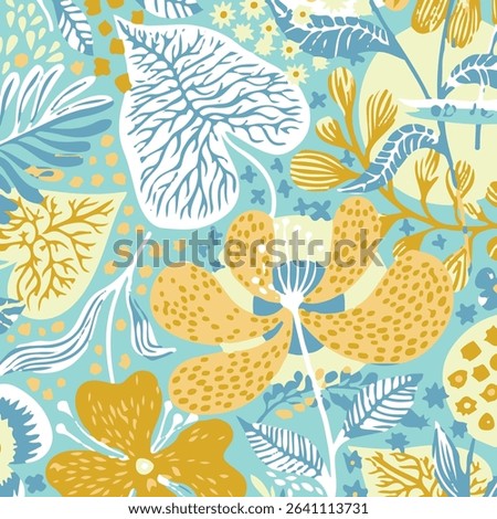 Seamless tropical pattern with hand drawn plants, leaves, textures. Jungle summer background. Perfect for fabric design, wallpaper, apparel. Jungle illustration. vector illustration